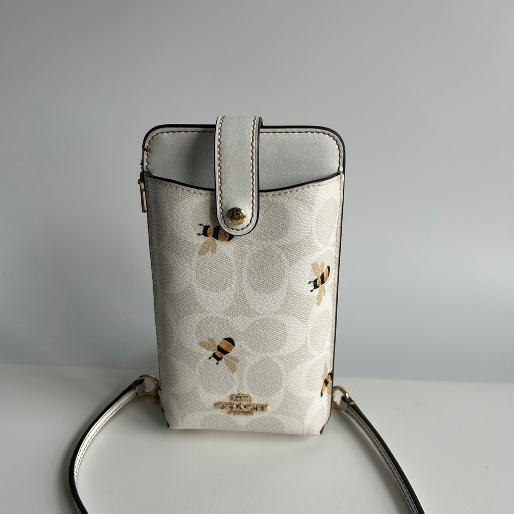 Coach Phone Crossbody Chalk White Signature Canvas Bee Print C8672